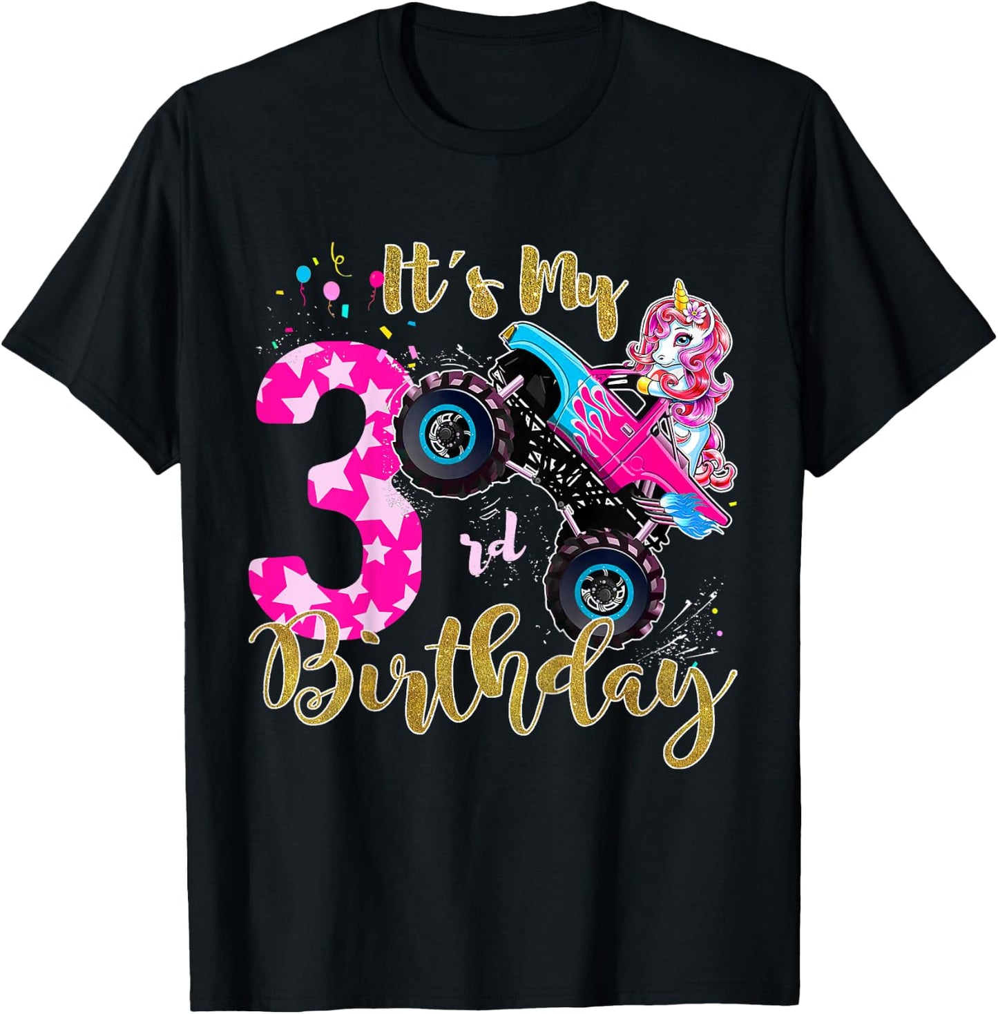 Kids Monster Truck Unicorn T Shirt Girls 3rd Birthday Daughter T-Shirt - T-Shirt | Black