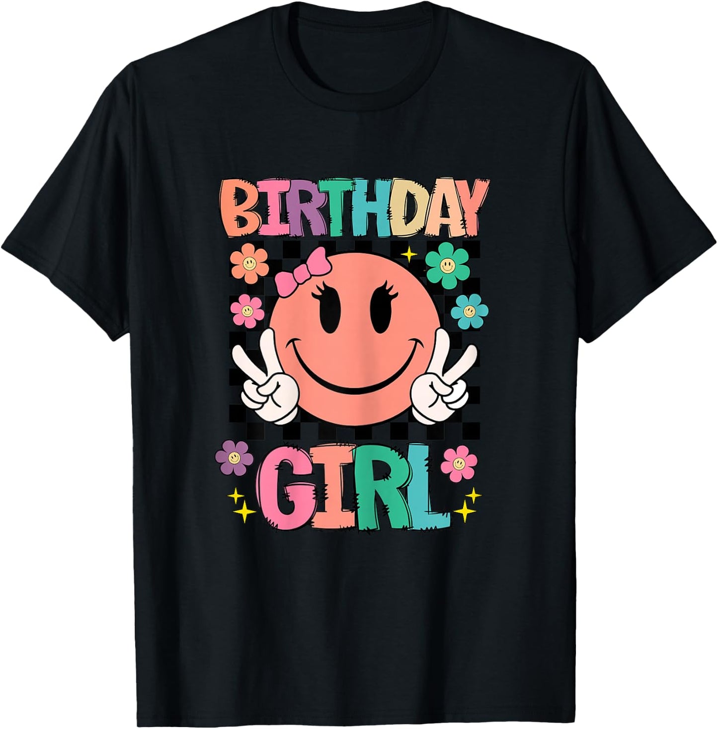 Birthday Girl Daisy Happy Face Checkered Pattern Smile Face T-Shirt - T-Shirt | Black