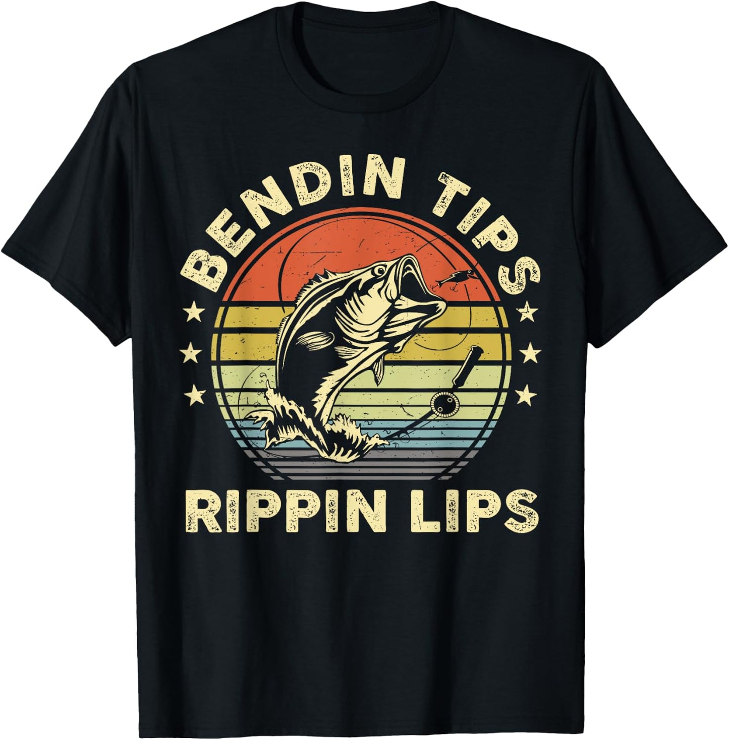 Funny Bass Fish Dad Bending Tips Rippin Lips Fishing Dad T-Shirt - T-Shirt | Black