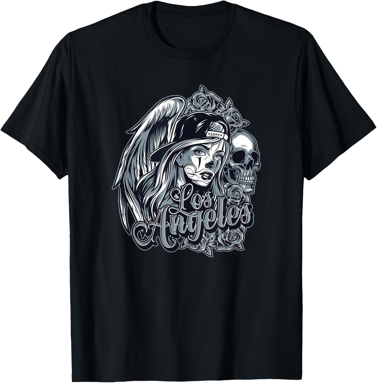Los Angeles Chicana Design With Skulls Roses and Angel Wings T-Shirt - T-Shirt | Black