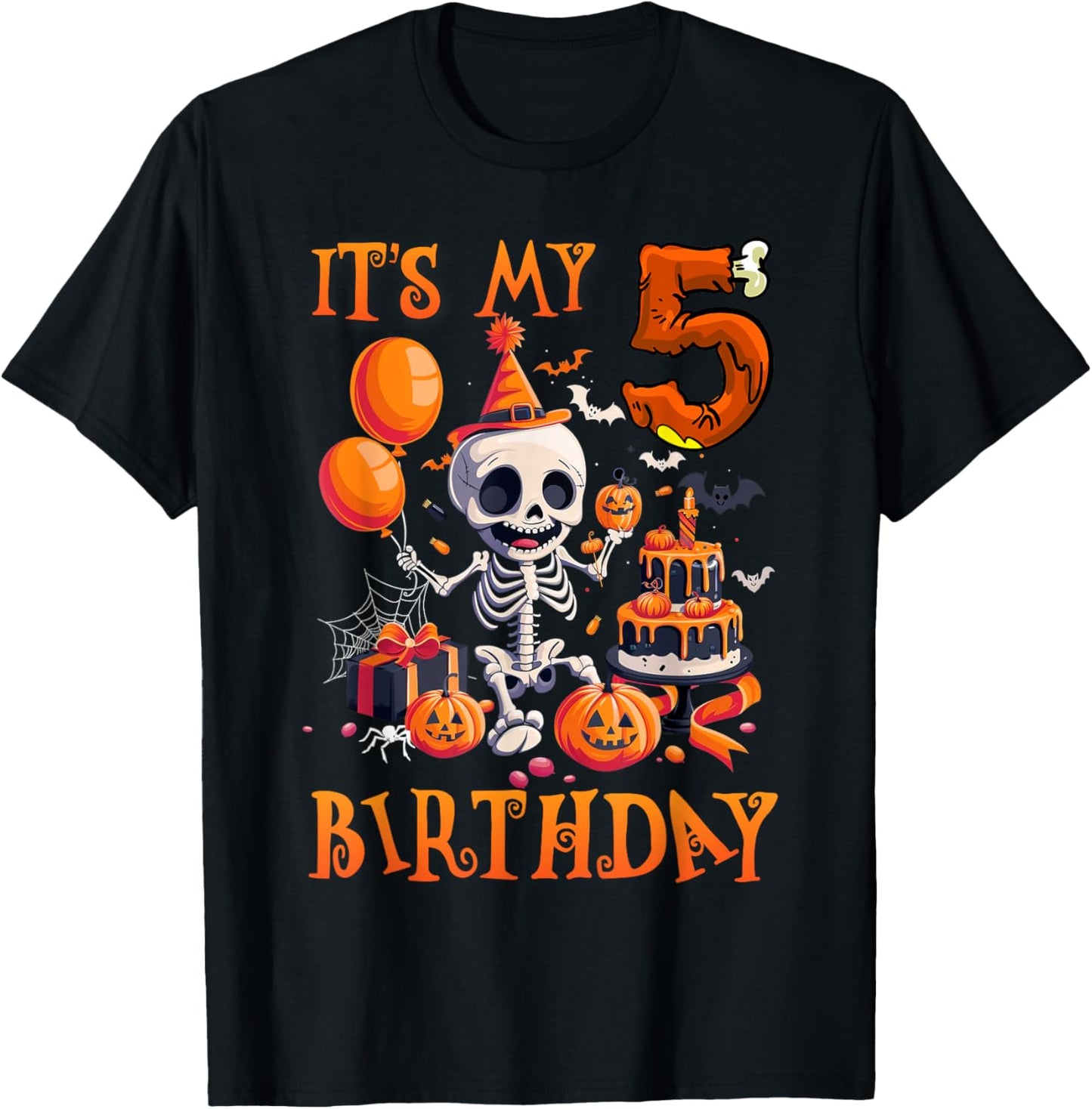 Kids Boo It's My 5th Birthday Halloween Skeleton 5 Years Old T-Shirt - T-Shirt | Black