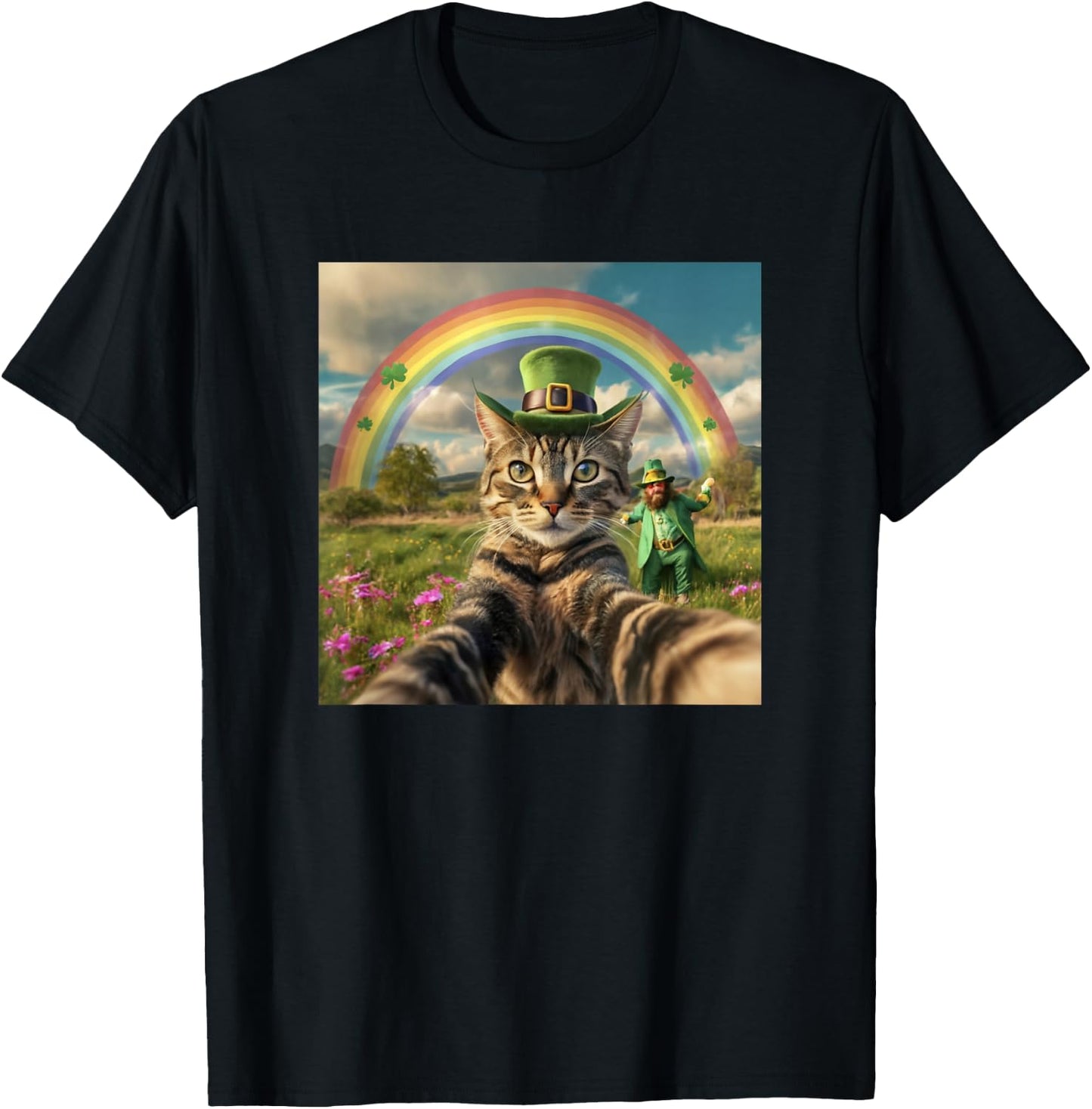 St Patrick's Day Cat Selfie with Leprechaun Funny Photo T-Shirt - T-Shirt | Black