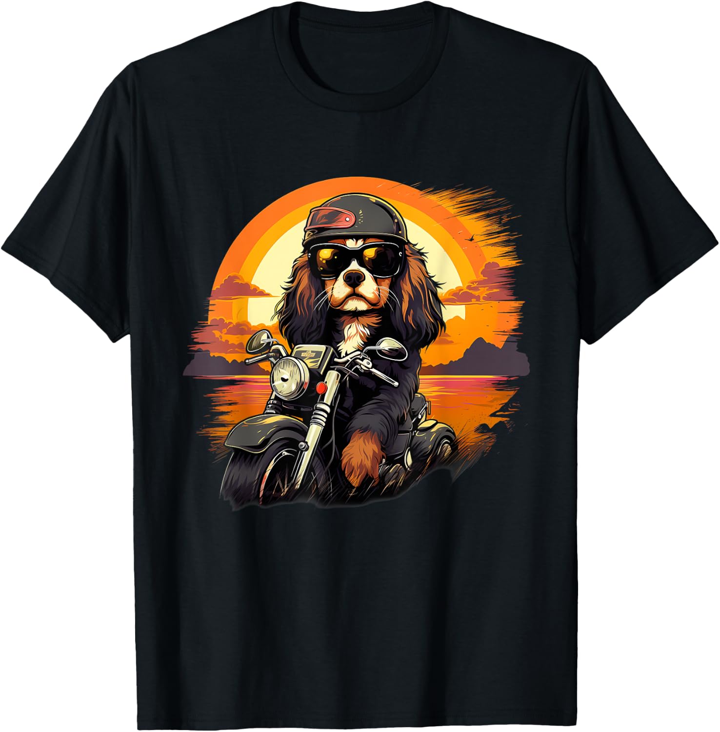 Biker Cavalier King Charles Spaniel Dog Riding Motorcycle T-Shirt - T-Shirt | Black