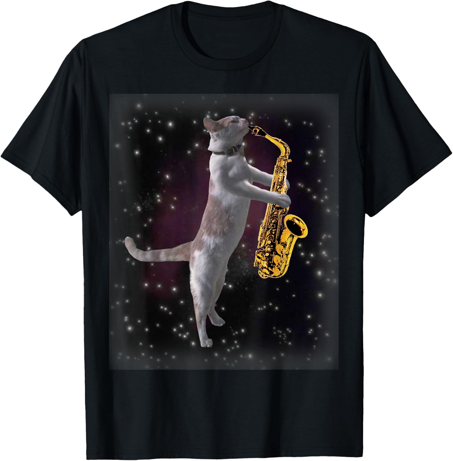 Cat Playing Saxophone | Cats In Space With Sax T-Shirt - T-Shirt | Black