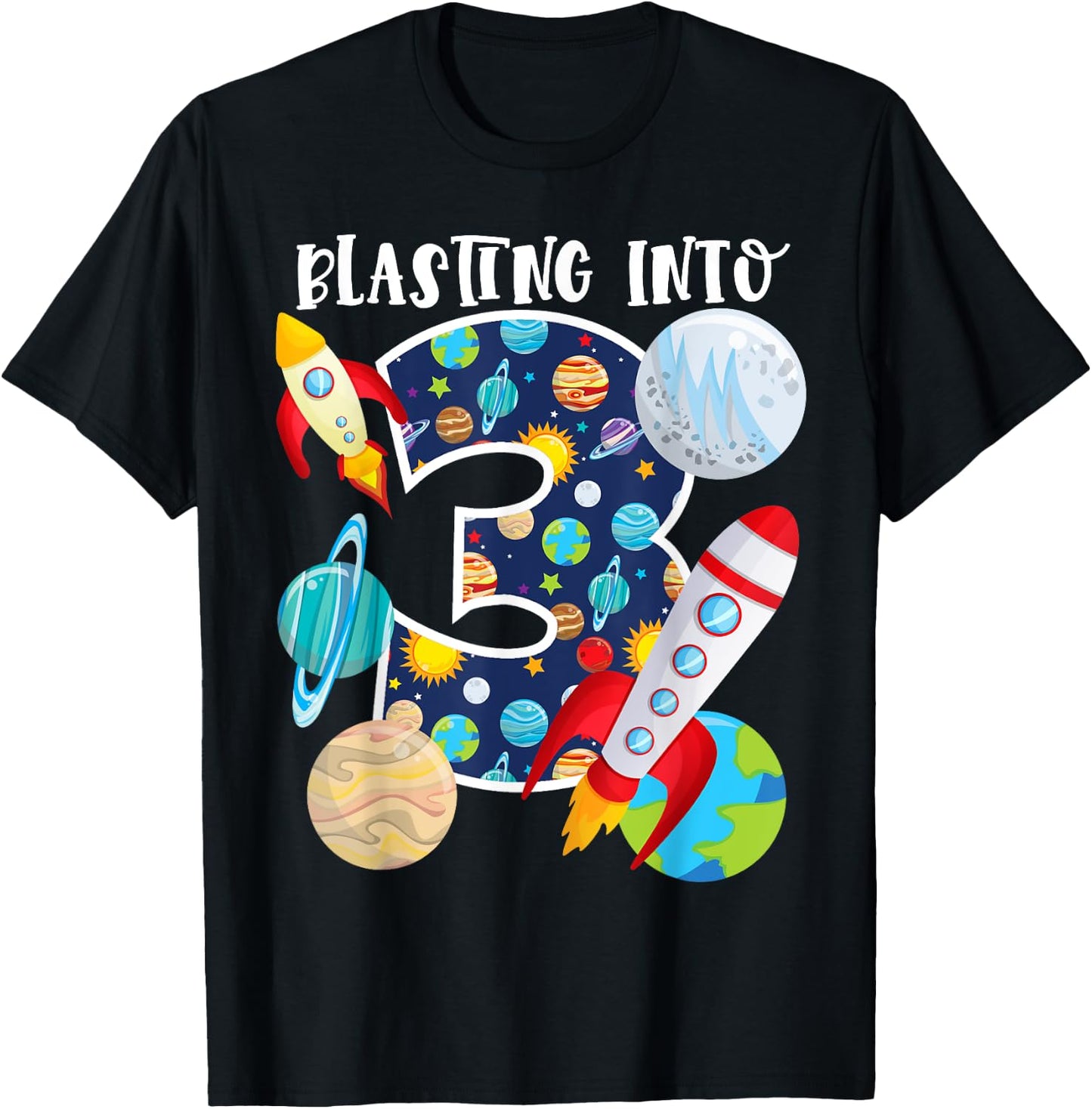 Blasting Into Outer Space 3 Year Old 3rd Birthday Party Kids T-Shirt - T-Shirt | Black