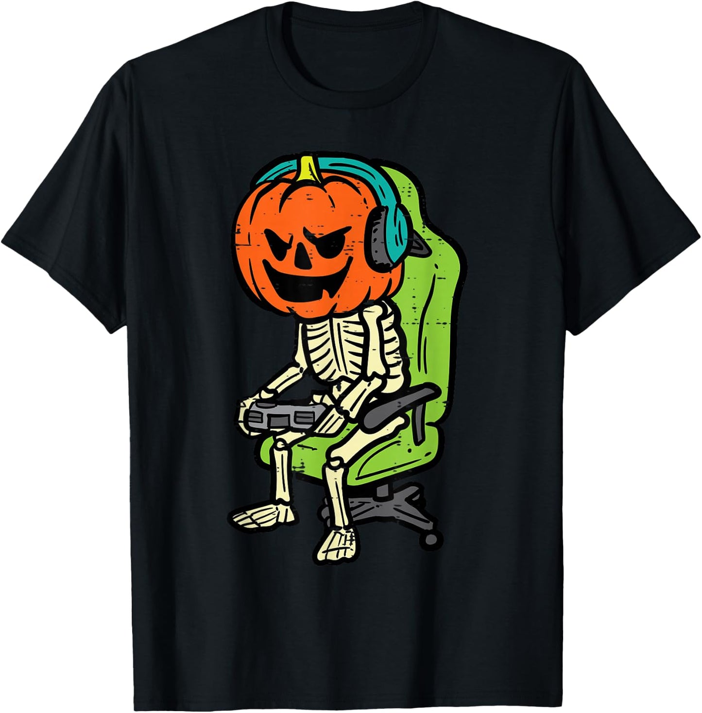 Halloween Gamer Skeleton Pumpkin Costume Men Boys Kids Teen T-Shirt - T-Shirt | Black
