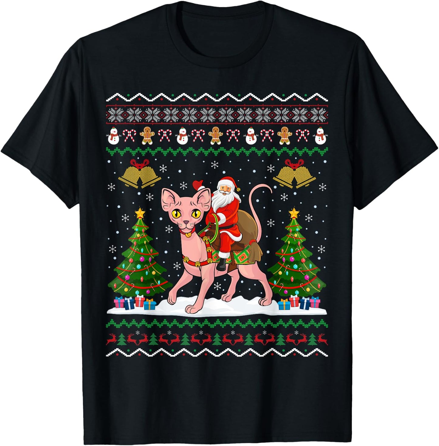 Ugly Sphynx Cat Xmas Gift Santa Riding Sphynx Cat Christmas Women Kids T-Shirt - T-Shirt | Black