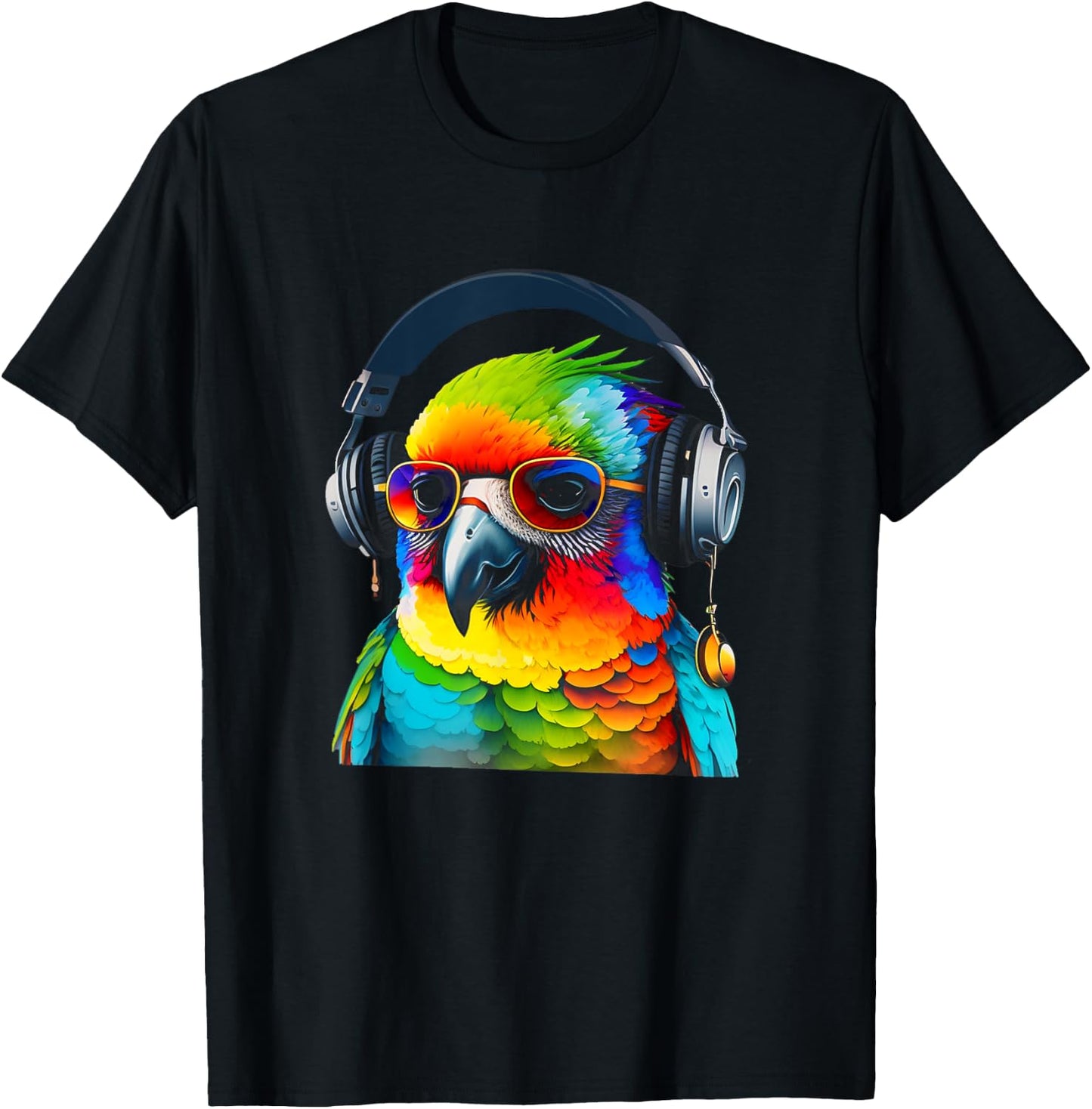 DJ Parrot with Sunglasses Headphones Music Funny Parrot T-Shirt - T-Shirt | Black