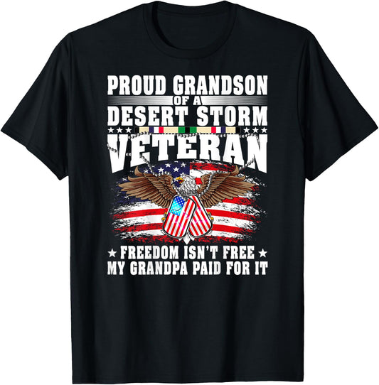 Proud Grandson Of Desert Storm Veteran Military Vet's Family T-Shirt - T-Shirt | Black