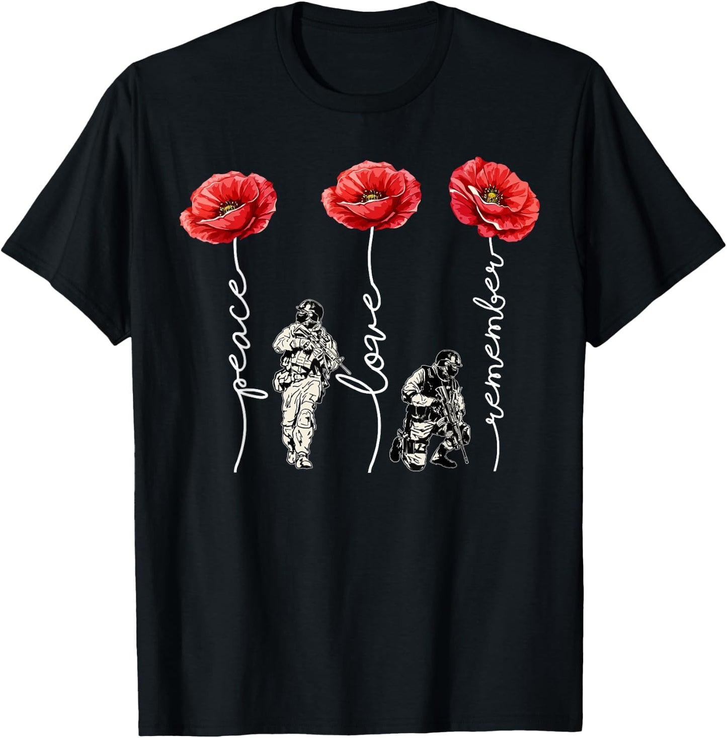 Peace Love Remember Red Poppy Flower Soldier Veteran Day T-Shirt - T-Shirt | Black