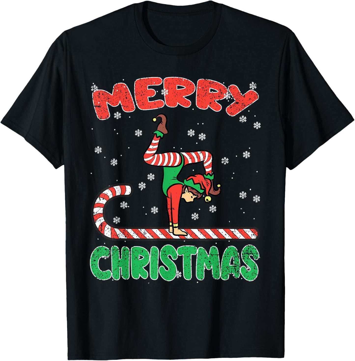 Gymnast Elf Christmas Pajama X-mas Candy Cane Snowflakes T-Shirt - T-Shirt | Black