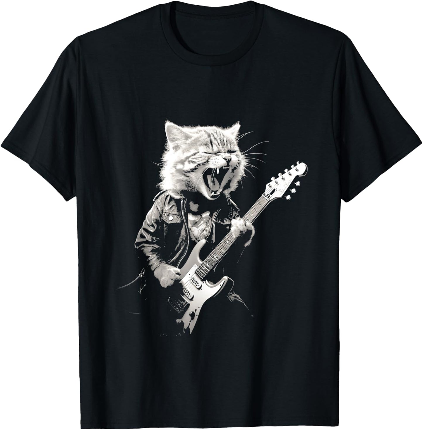 Rock Cat Playing Guitar Funny Guitar Cat Design T-Shirt - T-Shirt | Black