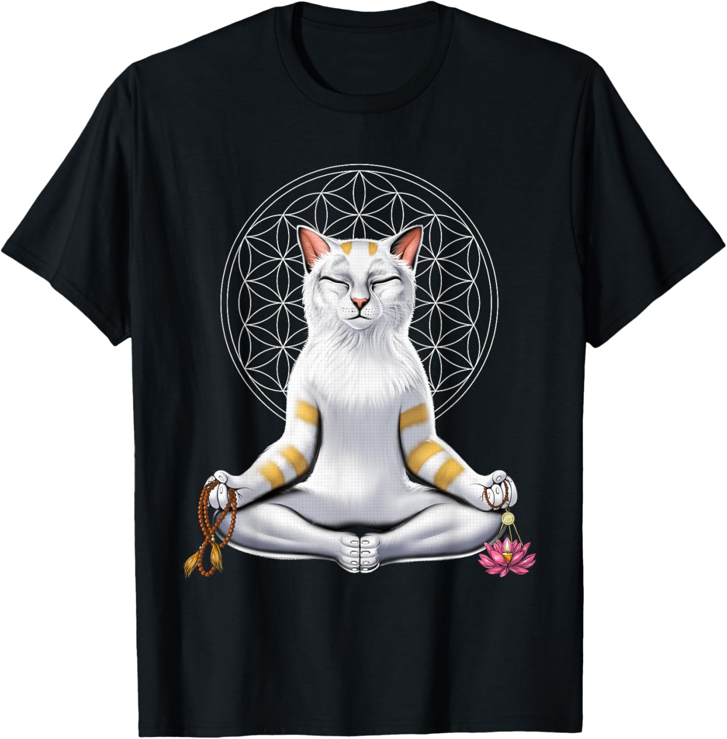 Cat Yoga Meditation Spiritual Zen Flower Of Life Men Women Kids T-Shirt - T-Shirt | Black