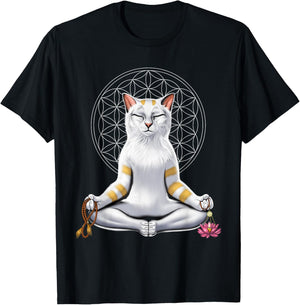 Cat Yoga Meditation Spiritual Zen Flower Of Life Men Women Kids T-Shirt - T-Shirt | Black