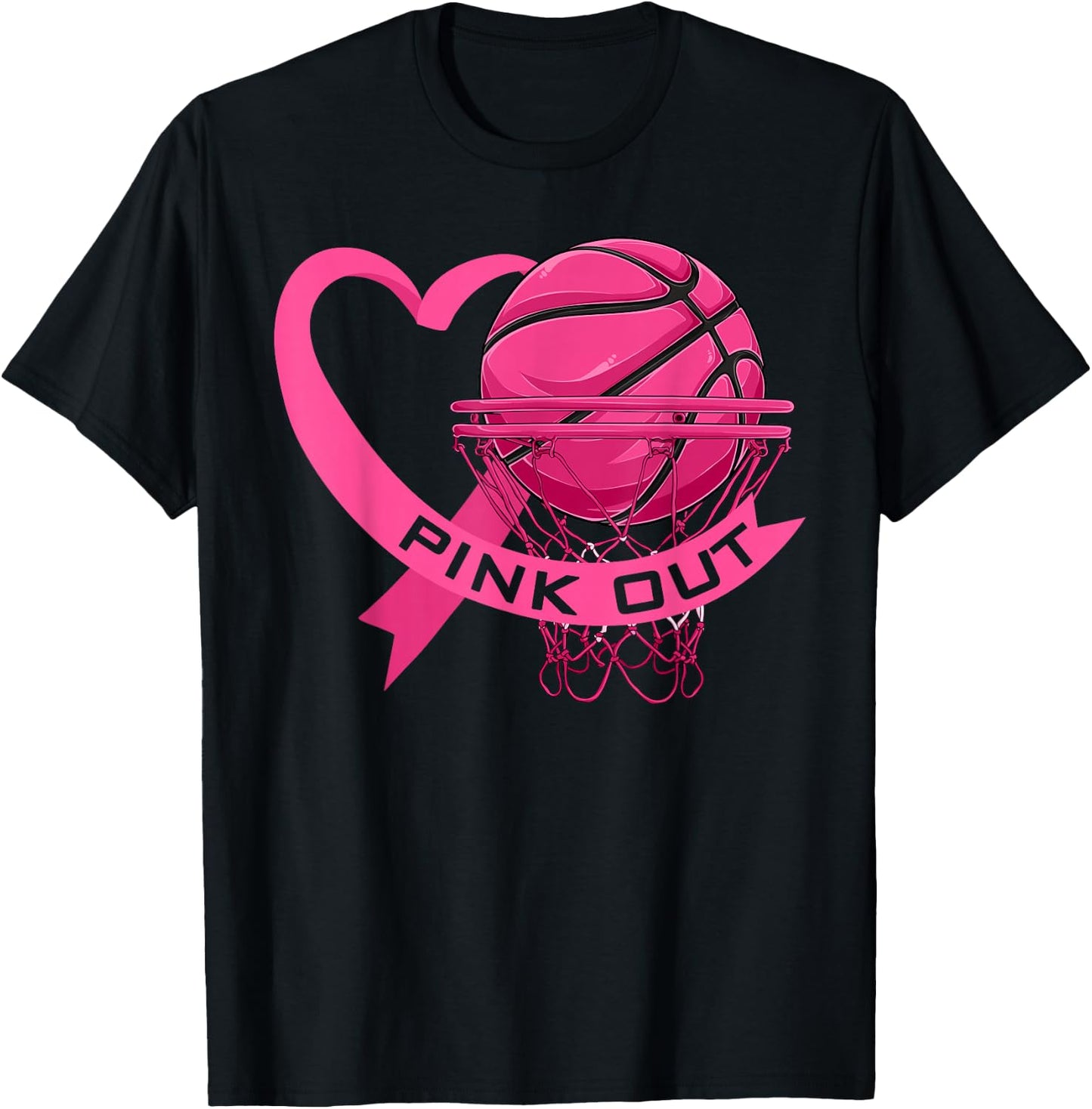 Pink Out Breast Cancer Pink Ribbon Heart & Basketball Ball T-Shirt - T-Shirt | Black