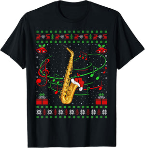 Saxophone Music Lover Xmas Gift Ugly Saxophone Christmas T-Shirt - T-Shirt | Black