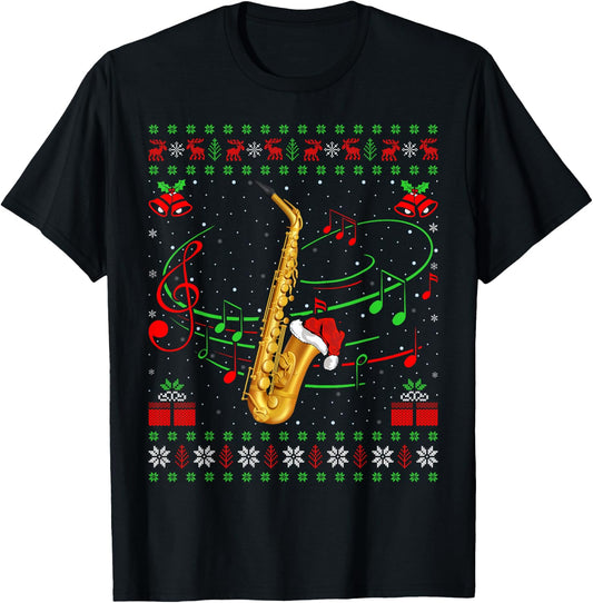 Saxophone Music Lover Xmas Gift Ugly Saxophone Christmas T-Shirt - T-Shirt | Black