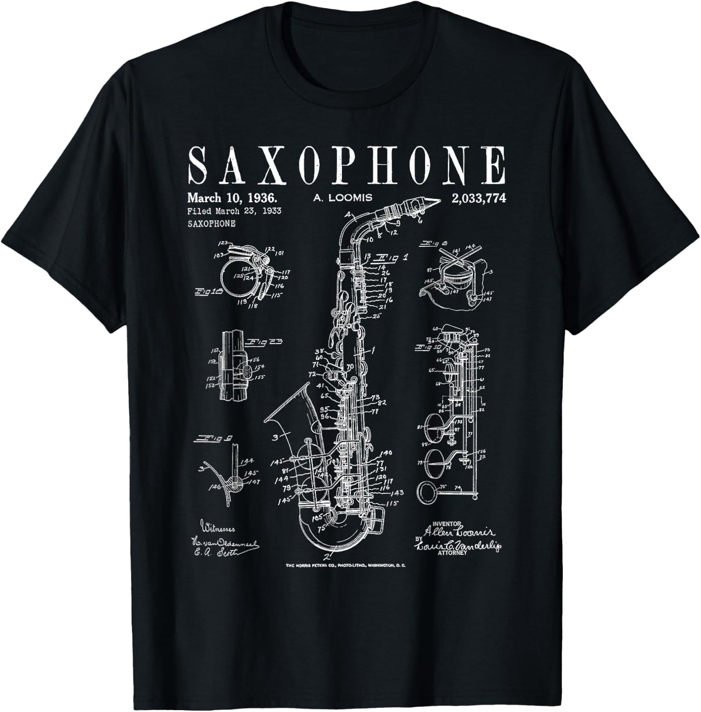 Saxophone Old Vintage Patent Drawing Print T-Shirt - T-Shirt | Black