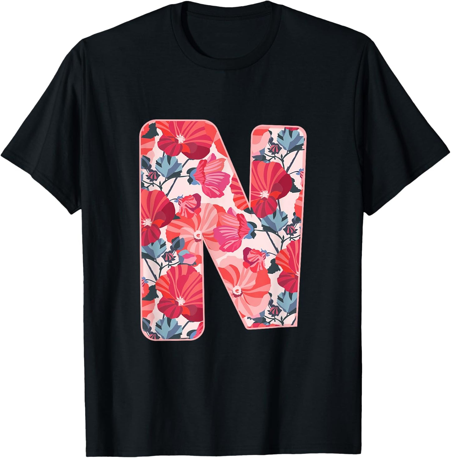 Letter N Sign Alphabet Last Name Consonants Flower Gift T-Shirt - T-Shirt | Black