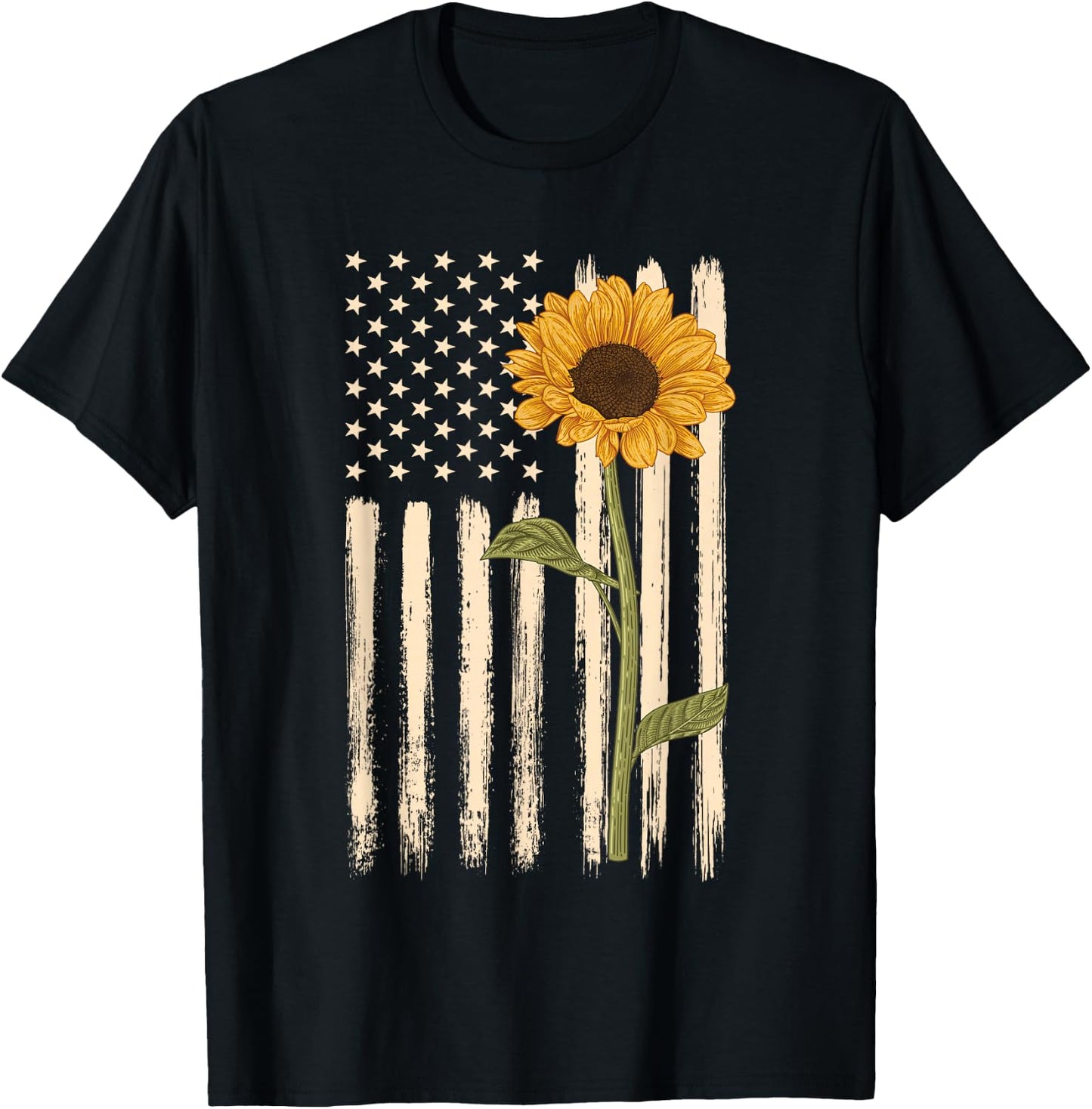 Patriotic American Flag Sunflower casual graphic T-Shirt - T-Shirt | Black