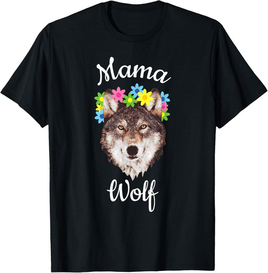 Mama Wolf Loving Flowers Wolf Pack Sweet Gift T-Shirt - T-Shirt | Black