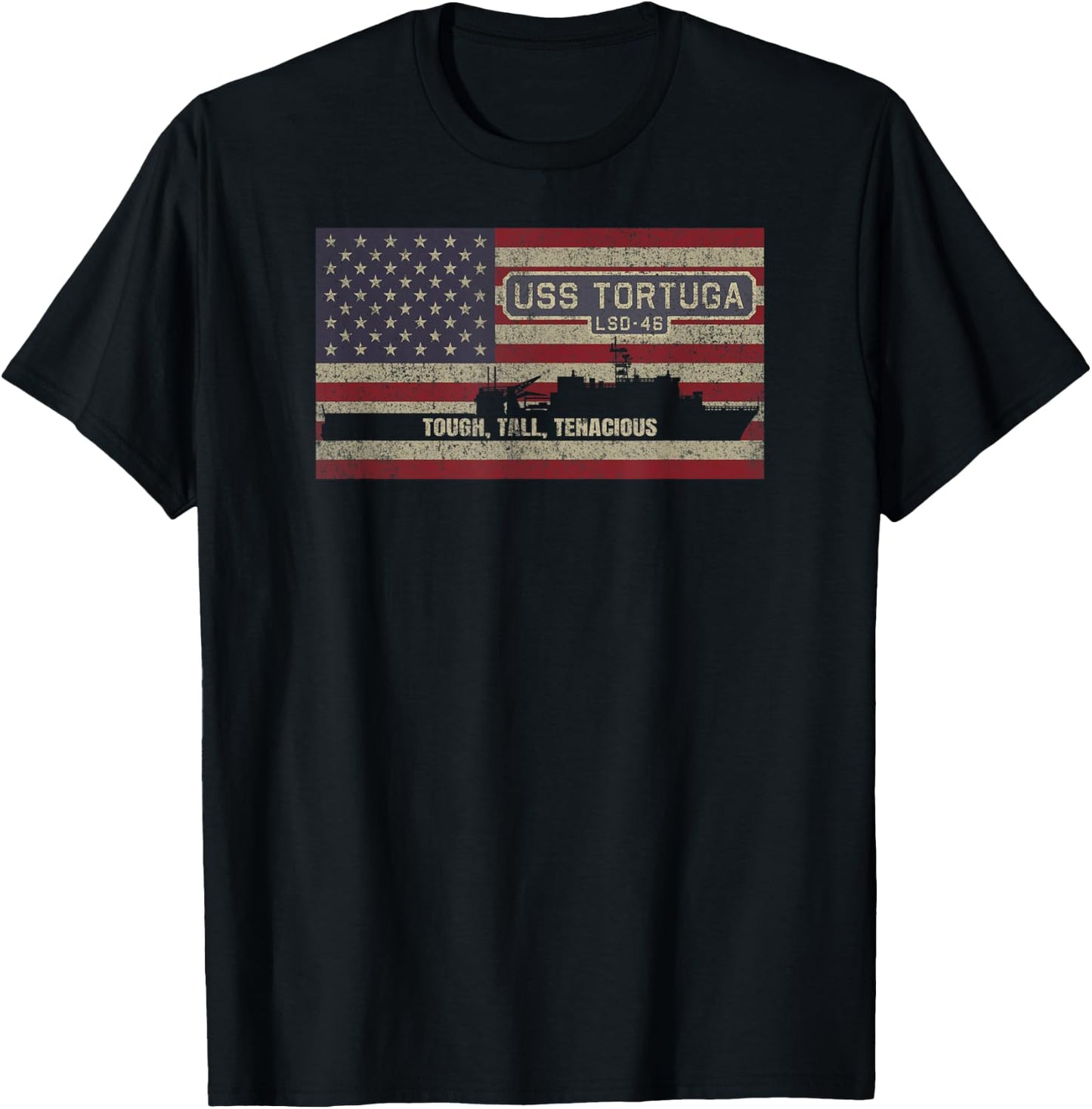 USS Tortuga LSD-46 Dock Landing Ship American Flag T-Shirt - T-Shirt | Black