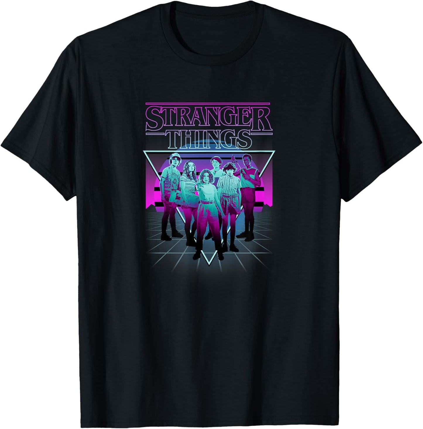Stranger Things Group Shot Neon Triangle T-Shirt - T-Shirt | Black