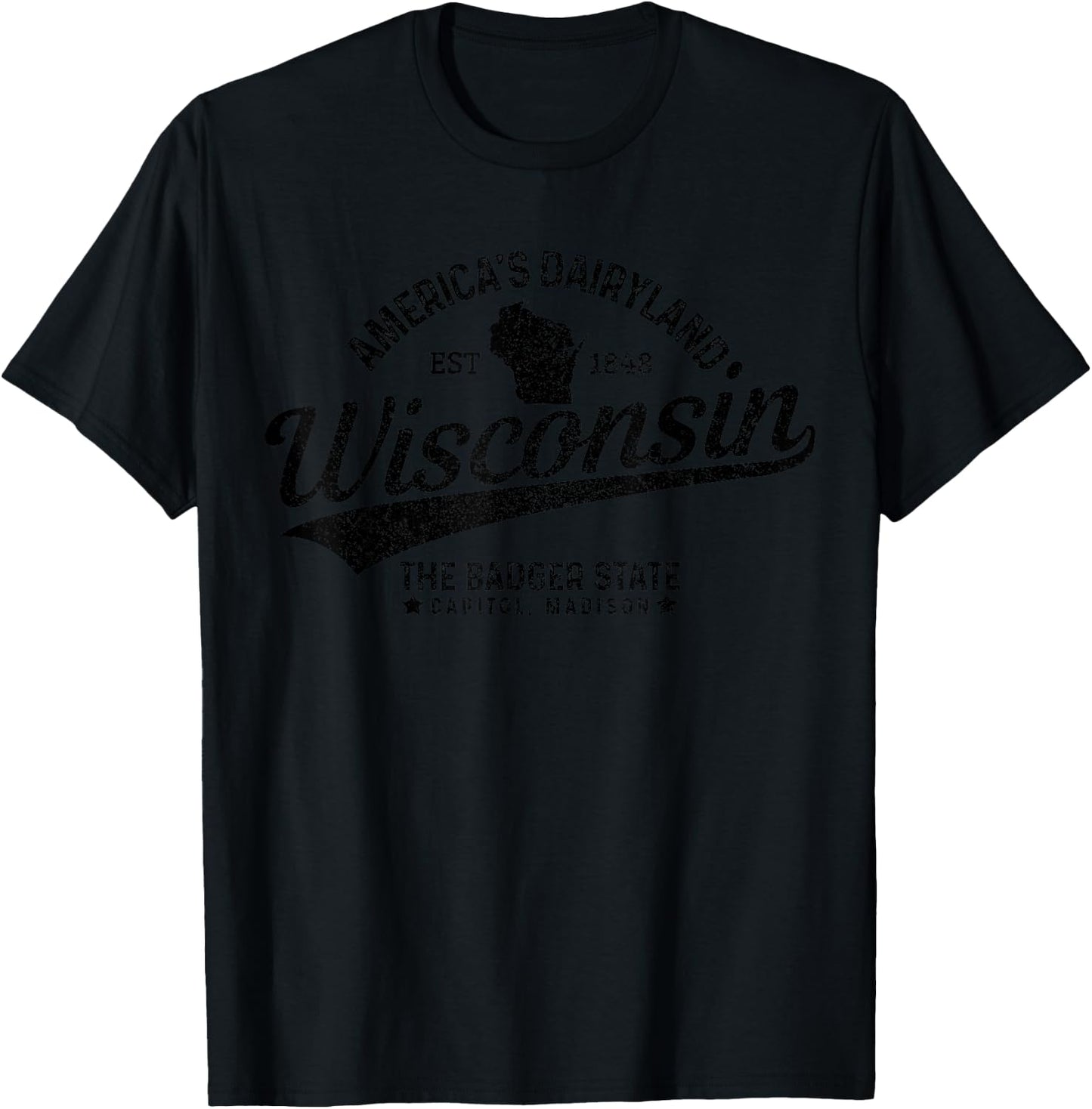 Wisconsin The Badger State EST 1848 State Map Gift T-Shirt - T-Shirt | Black