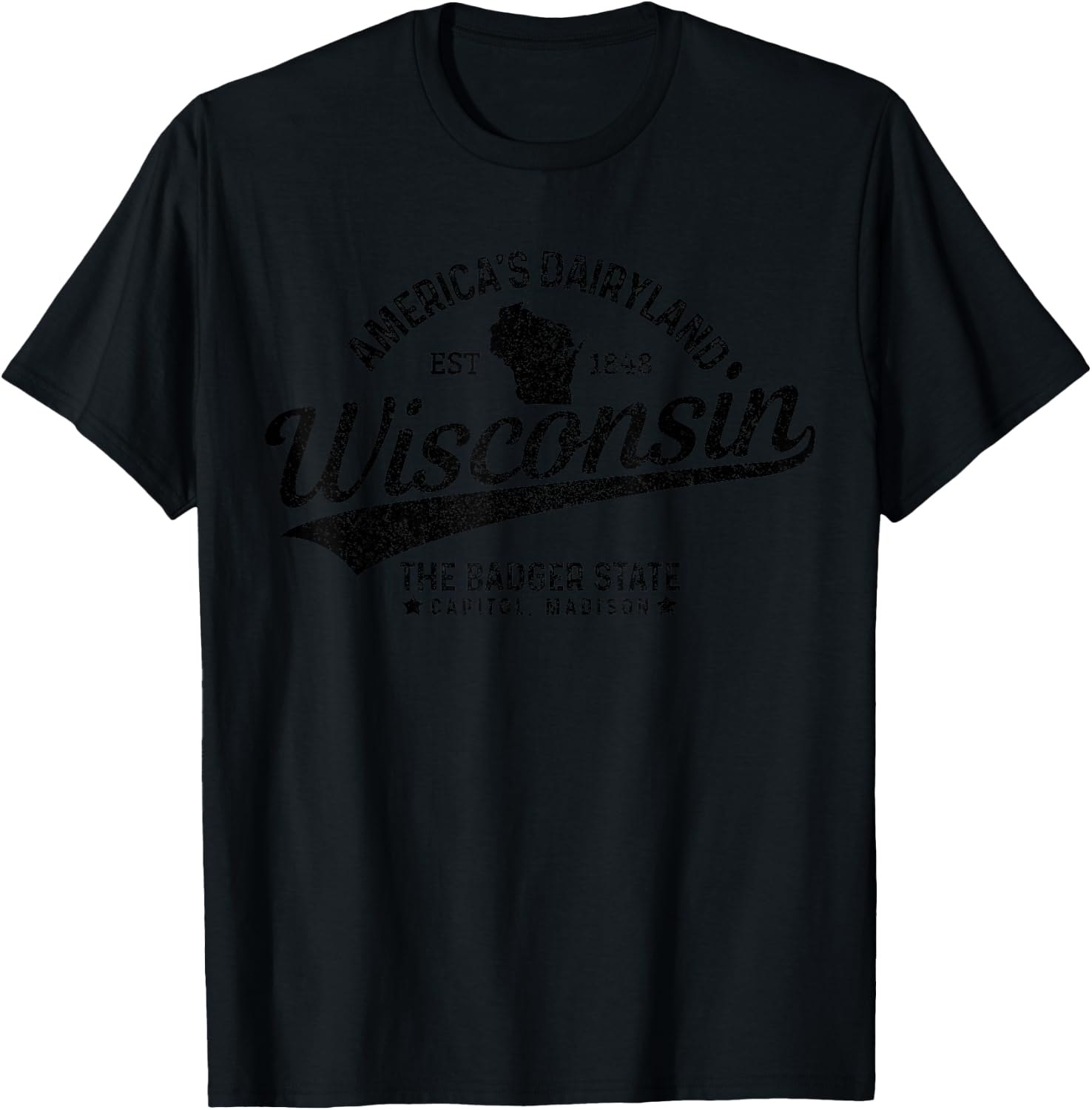 Wisconsin The Badger State EST 1848 State Map Gift T-Shirt - T-Shirt | Black