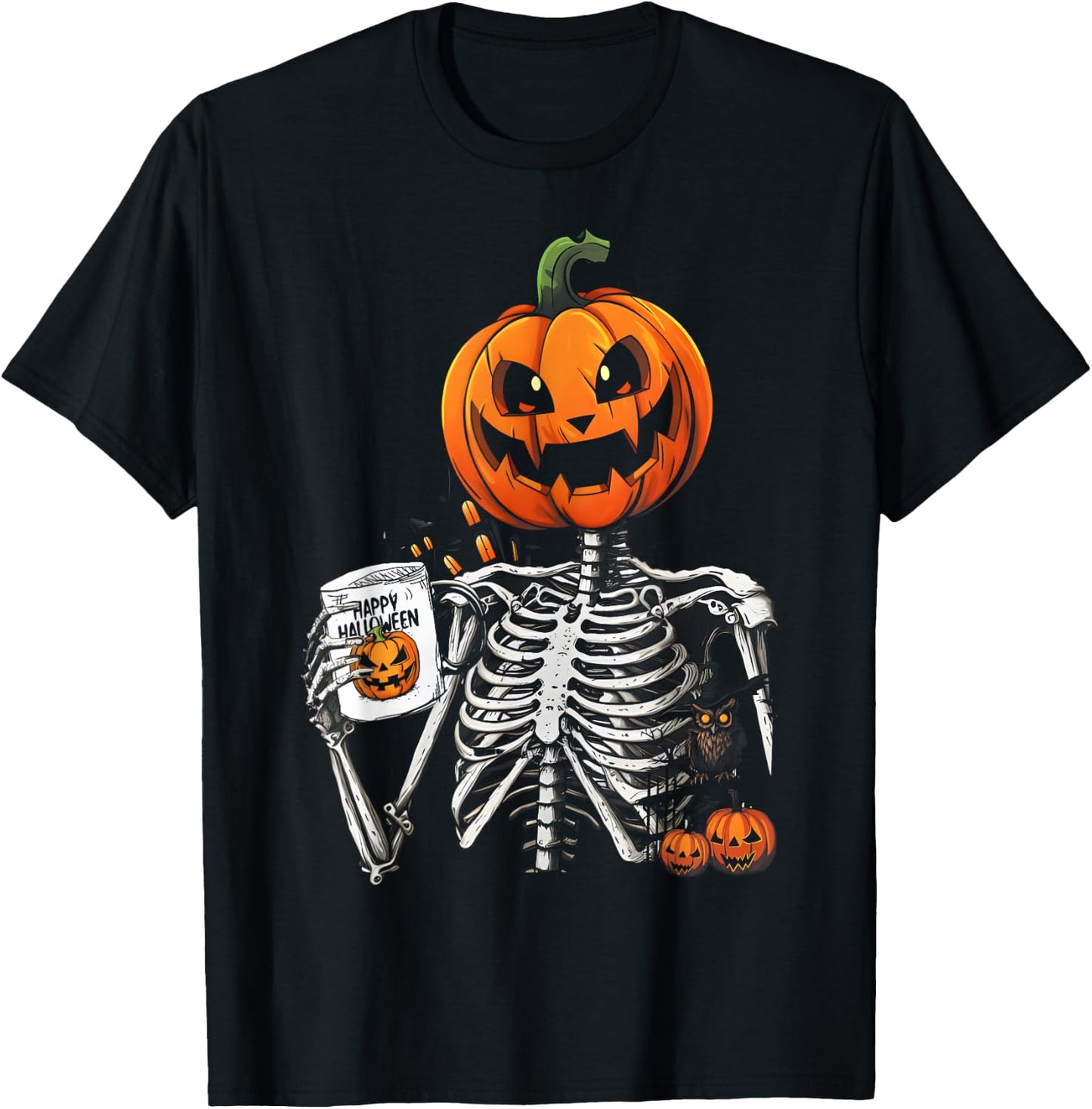 Coffee Drinking Skeleton Pumpkin Halloween Costume Women Men T-Shirt - T-Shirt | Black