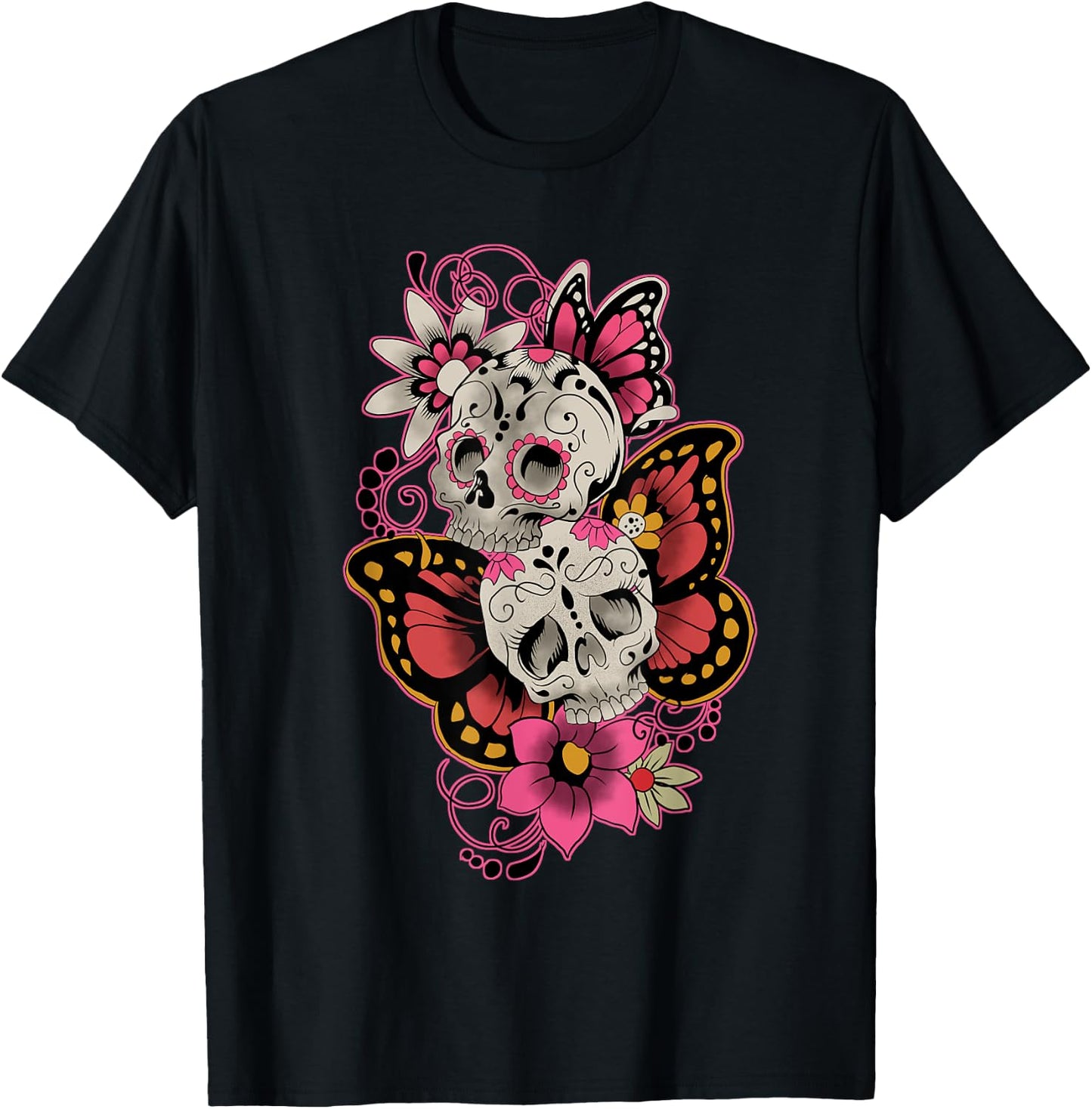 Sugar Skull Butterfly Flowers Day Of The Dead Men Women T-Shirt - T-Shirt | Black