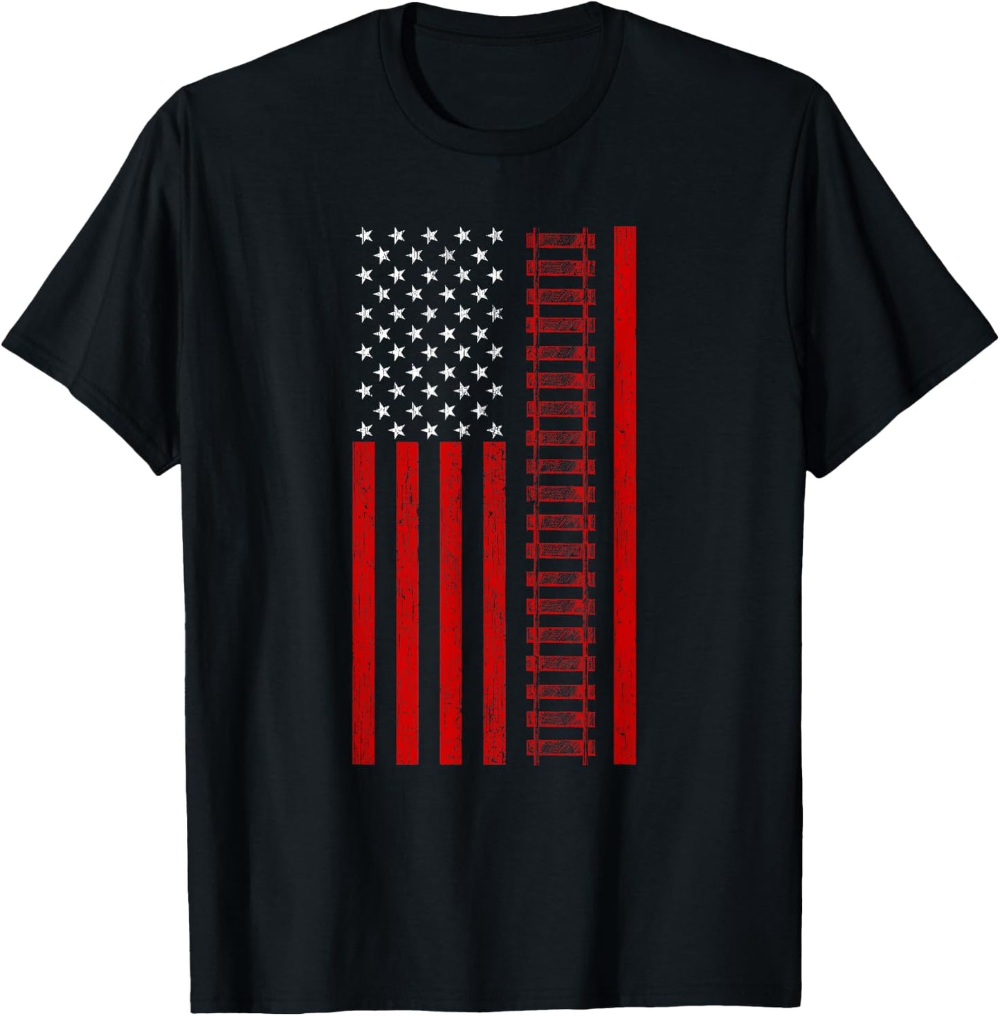 American Railroad Worker Flag With Train Tracks Distressed T-Shirt - T-Shirt | Black