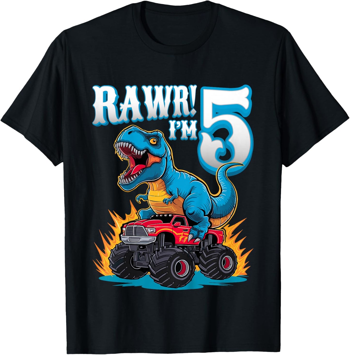 Rawr I'm 5 Year Old T-Rex Monster Truck 5th Birthday Party T-Shirt - T-Shirt | Black