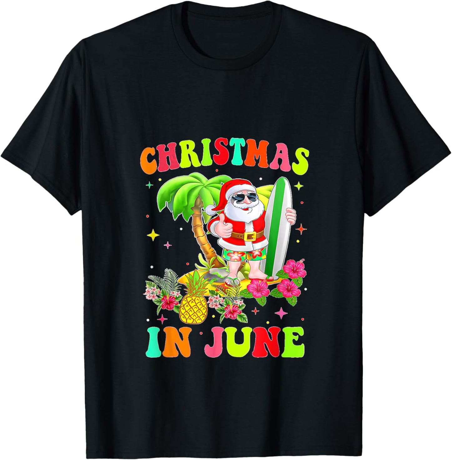 Christmas In June Funny Santa Flamingo Summer Vacation Women Kids T-Shirt - T-Shirt | Black