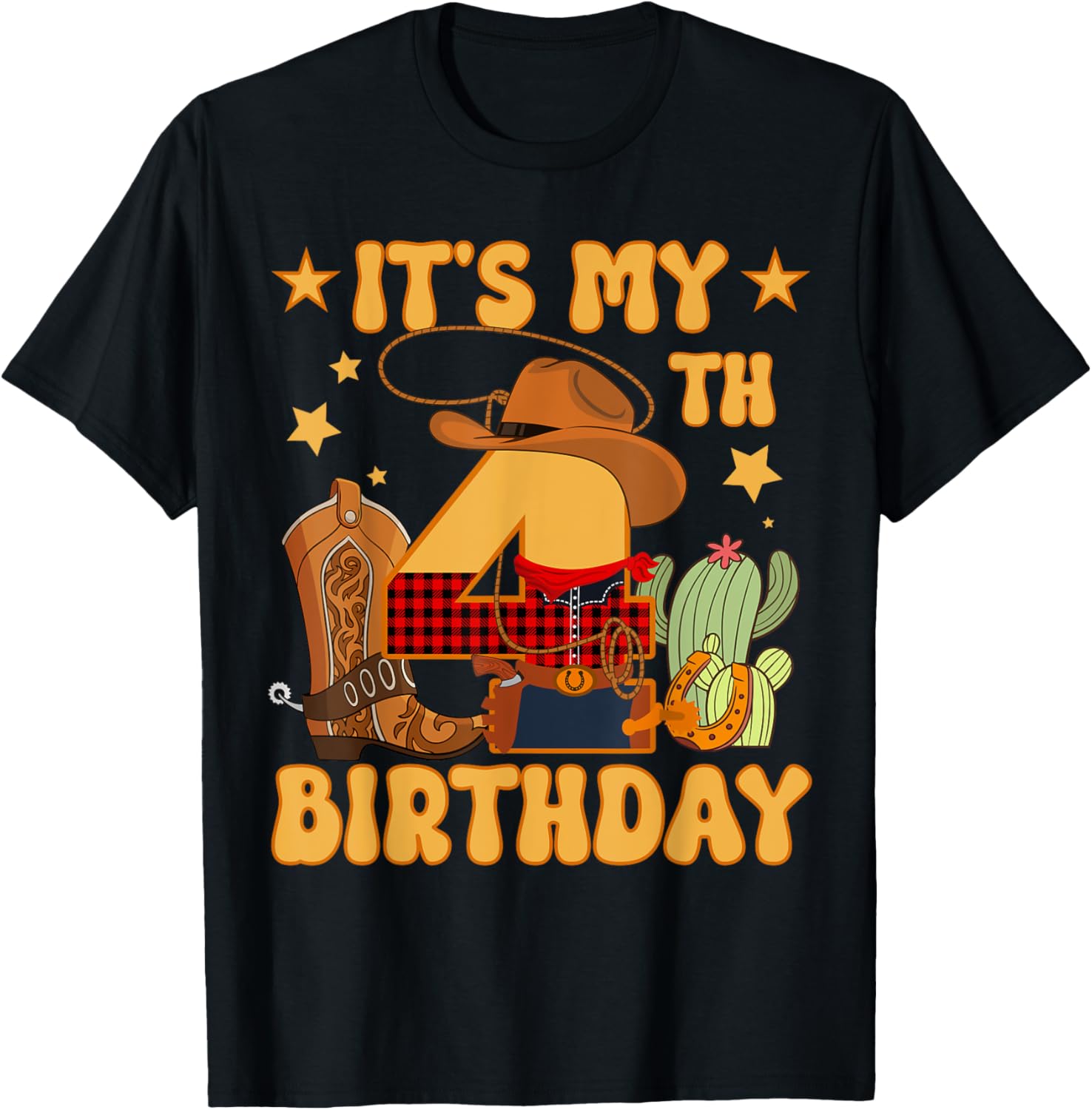It's My 4th Birthday Cowboy Rodeo Horse 4 Year Old Bday Boy T-Shirt - T-Shirt | Black