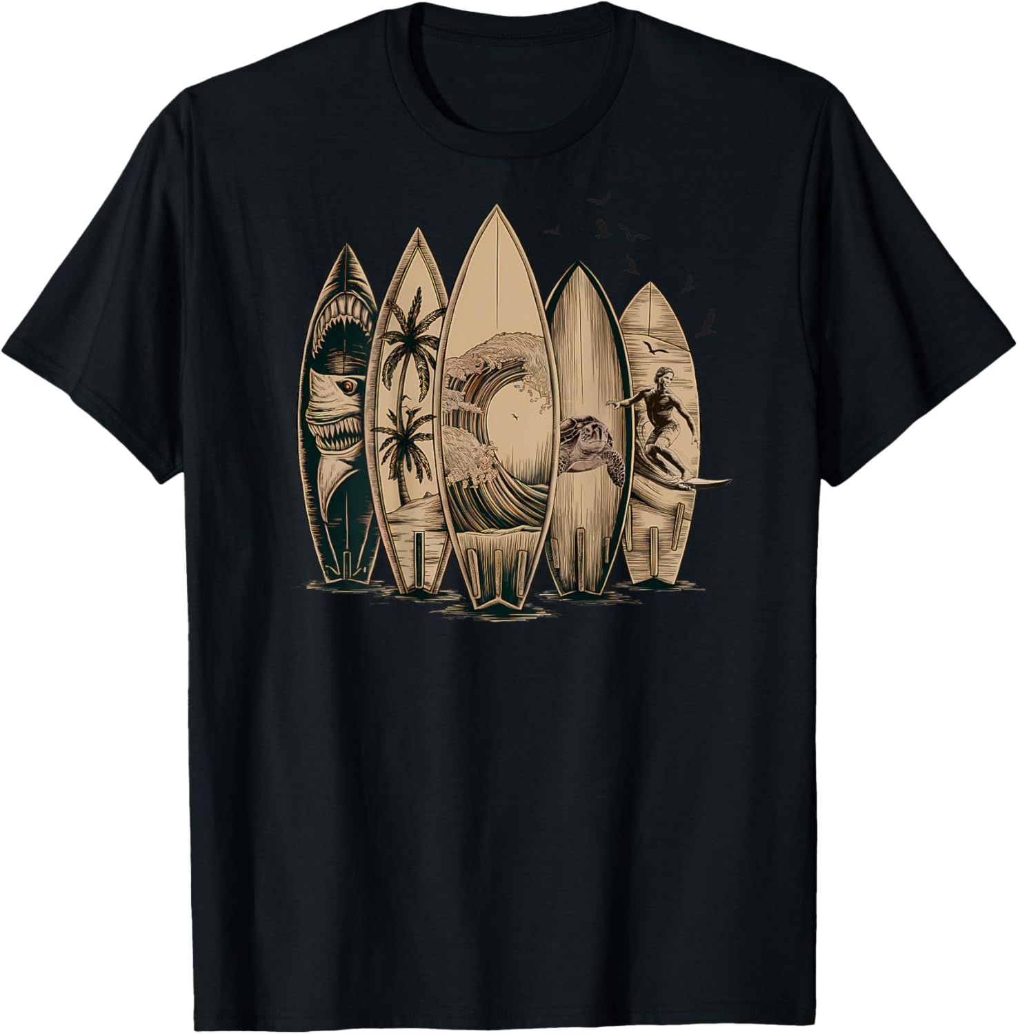 On Back | Surfing Tropical Surfboards Surfboarder Surfer T-Shirt - T-Shirt | Black