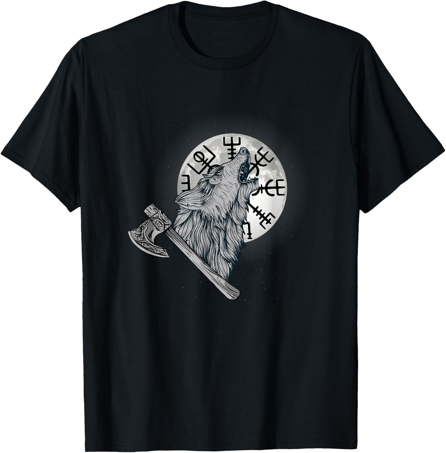 Wolf howls at the moon and Viking compass, Viking T-Shirt - T-Shirt | Black