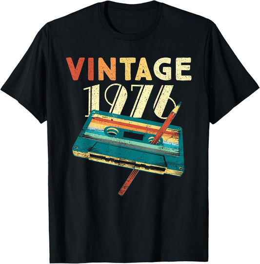 Vintage 1976 Music Cassette 49th Birthday Gifts 49 Years Old T-Shirt - T-Shirt | Black