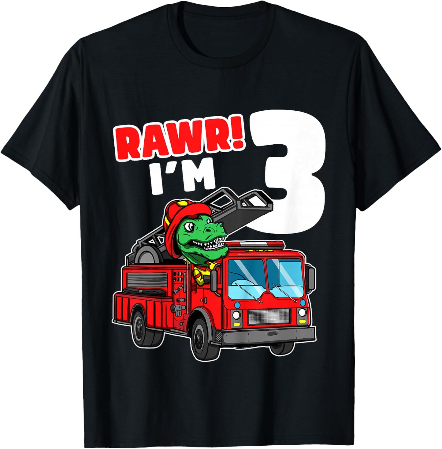 Kids Dinosaur Fire Truck 3rd Birthday Boy 3 T-Rex Firefighter T-Shirt - T-Shirt | Black