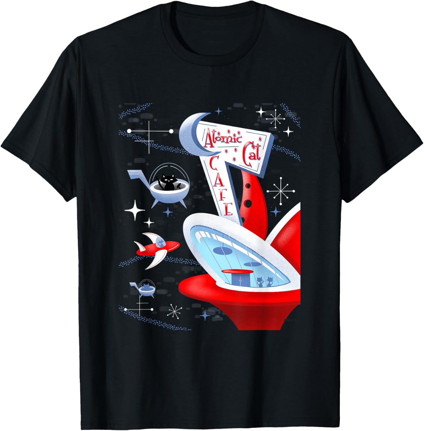 Funny Atomic Cat Cafe Retro Futuristic Spaceport Mid Century T-Shirt - T-Shirt | Black