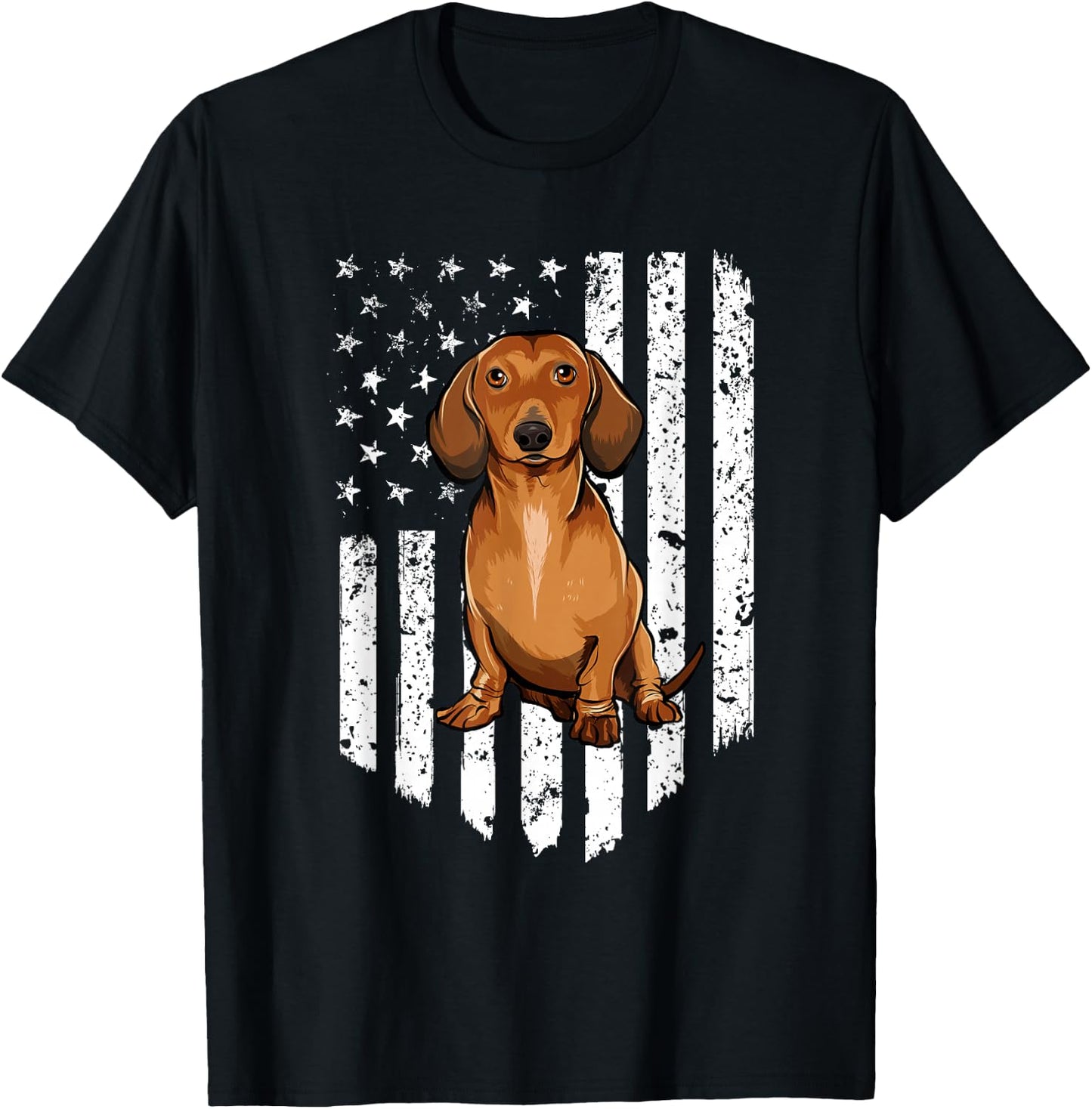 Black White American Flag Brown Dachshund 4th Of July USA T-Shirt - T-Shirt | Black