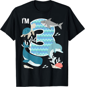 Kids 3 Year Old Ocean Life Whale Dolphin Shark 3rd Birthday T-Shirt - T-Shirt | Black