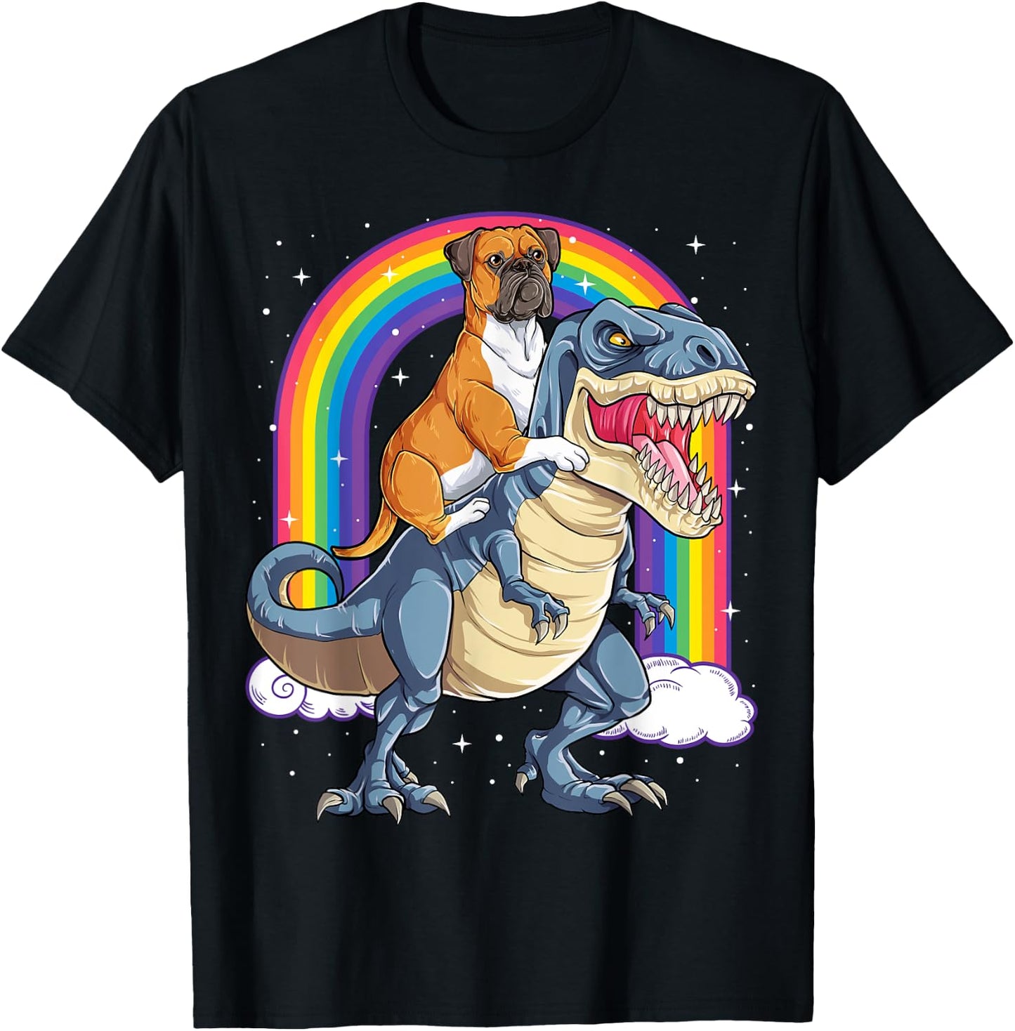 Boxer Riding Dinosaur T-rex Gift Dog Lover Boys Kids Rainbow T-Shirt - T-Shirt | Black