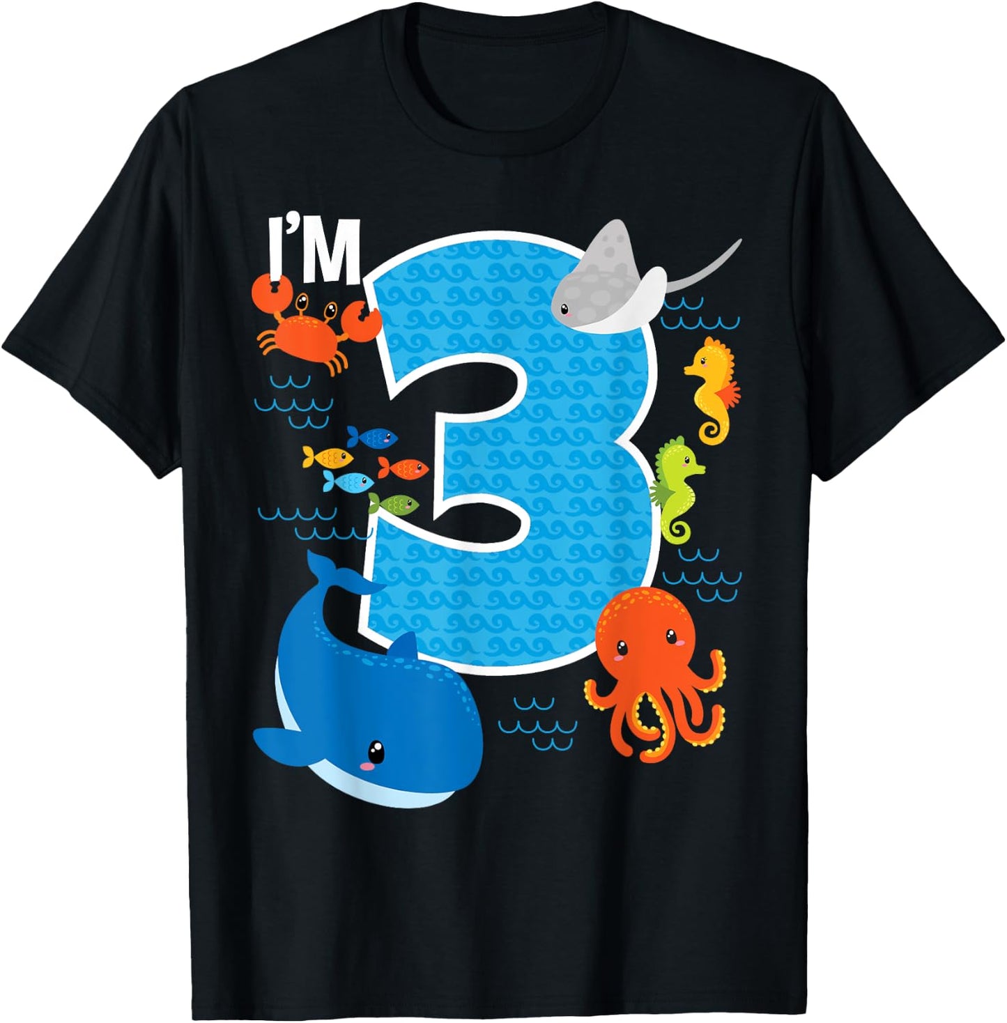 Kids 3 Year Old Birthday Whale Fish Sea Bday Boys and Girls T-Shirt - T-Shirt | Black
