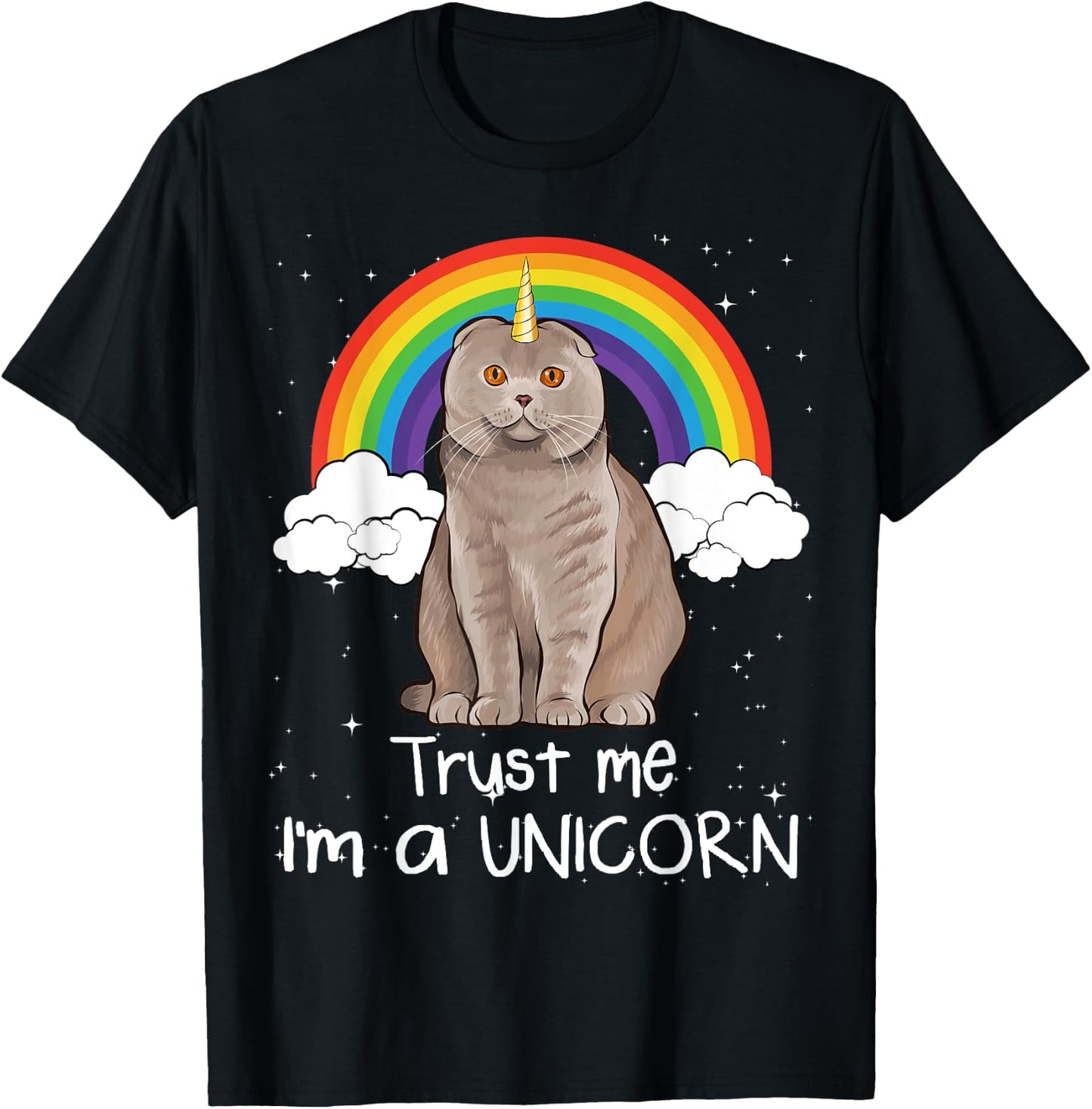 Rainbow Scottish Fold Trust Me I'm A Unicorn Cat Men Women T-Shirt - T-Shirt | Black