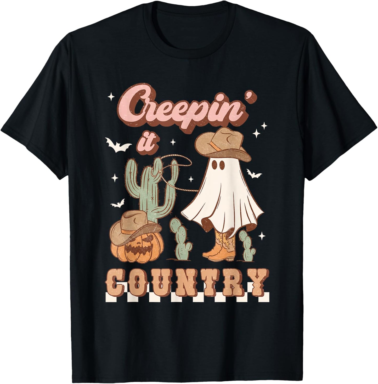 Retro Halloween Cowgirl Ghost Western Creepin' It Country T-Shirt - T-Shirt | Black