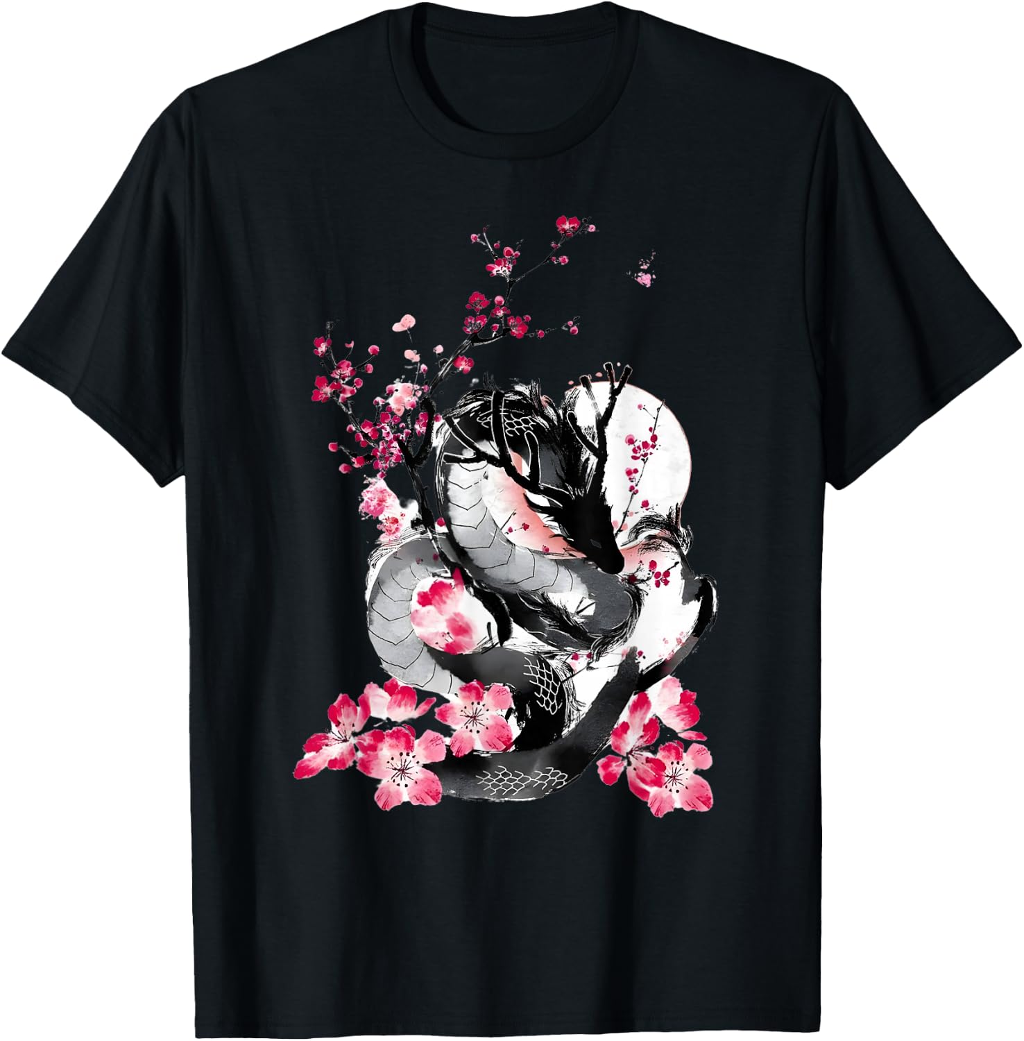 Cherry Blossom Japanese Dragon Asian Retro 80’s Style T-Shirt - T-Shirt | Black