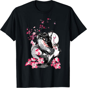 Cherry Blossom Japanese Dragon Asian Retro 80’s Style T-Shirt - T-Shirt | Black