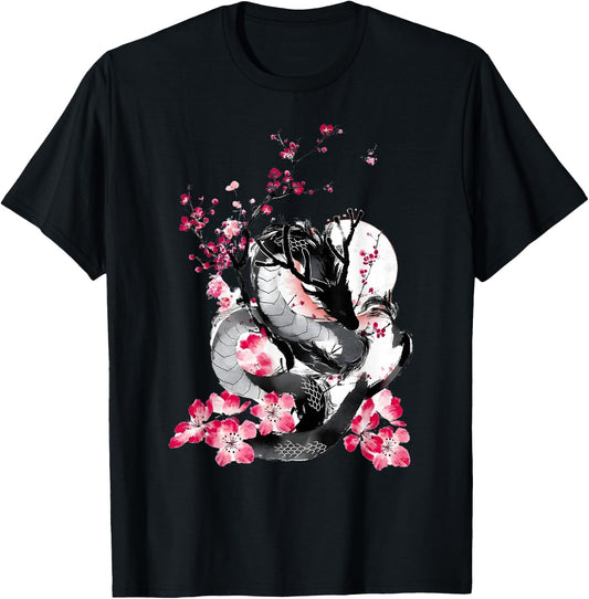 Cherry Blossom Japanese Dragon Asian Retro 80’s Style T-Shirt - T-Shirt | Black