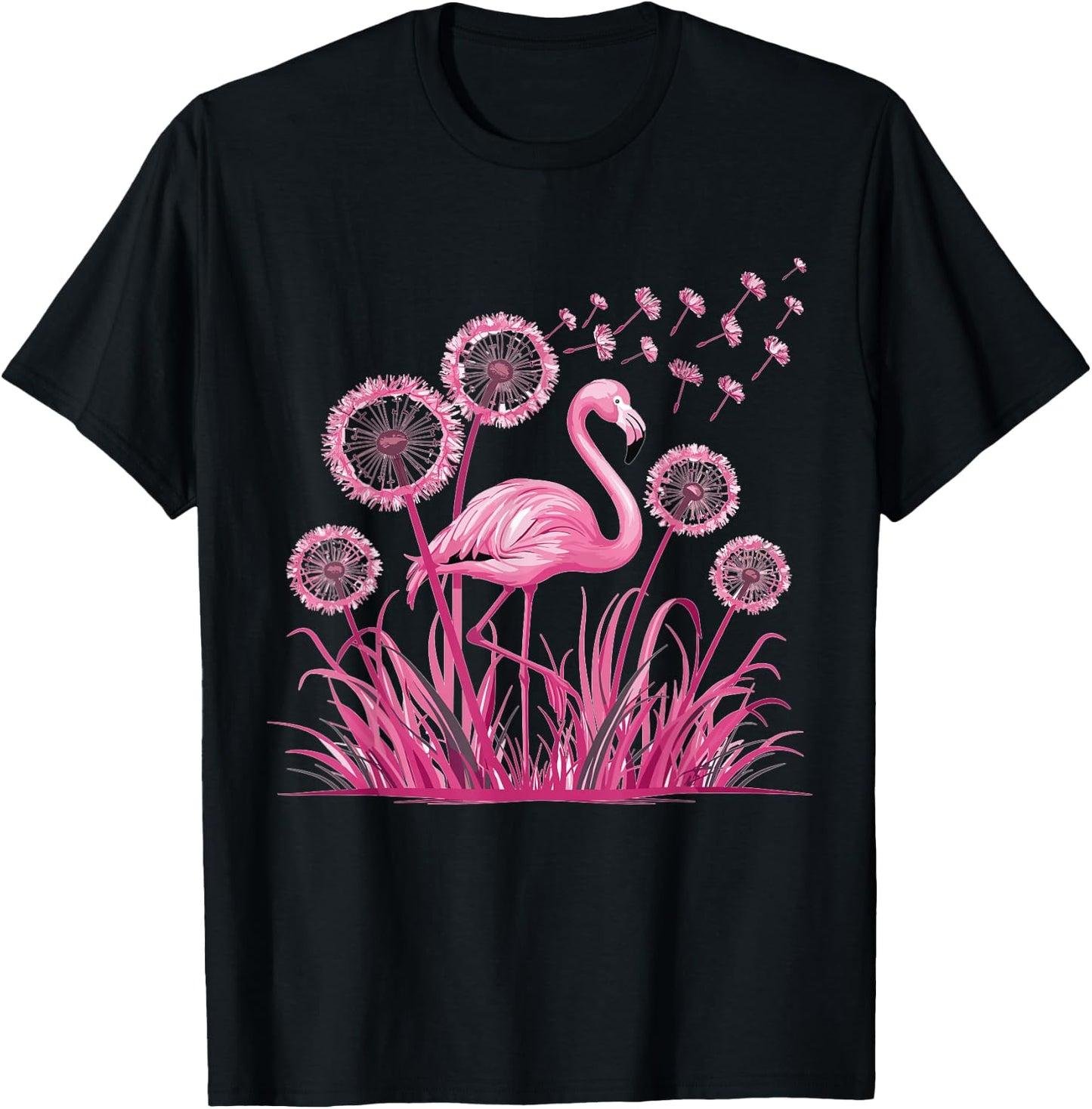 Flower Dandelion Tropical Bird Pink Flamingo T-Shirt - T-Shirt | Black